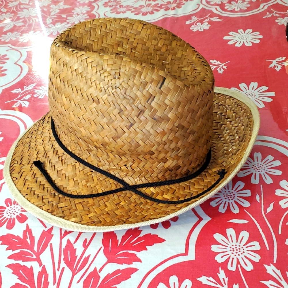 Vintage Tall Crown Straw Raffia Hat Cowboy Black Cord Twill Trim  O/S